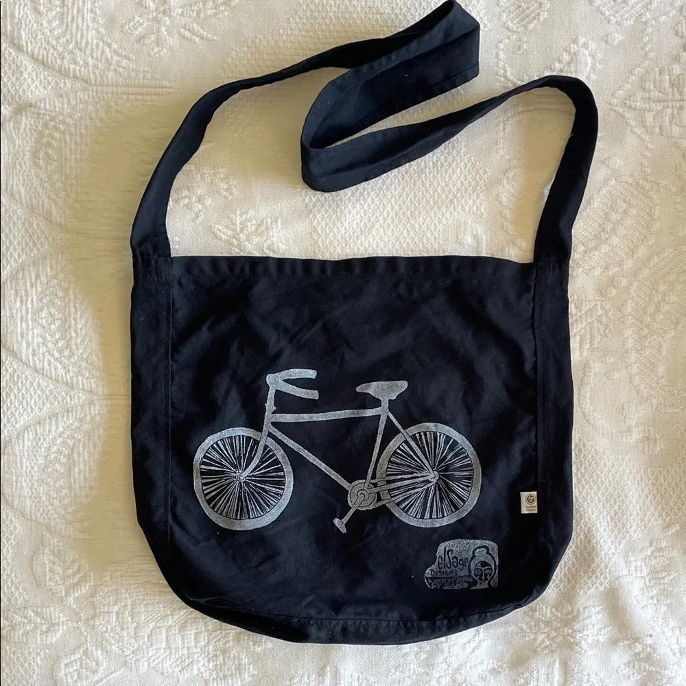 Black Messenger Bag with Silver Bicycle Graphic